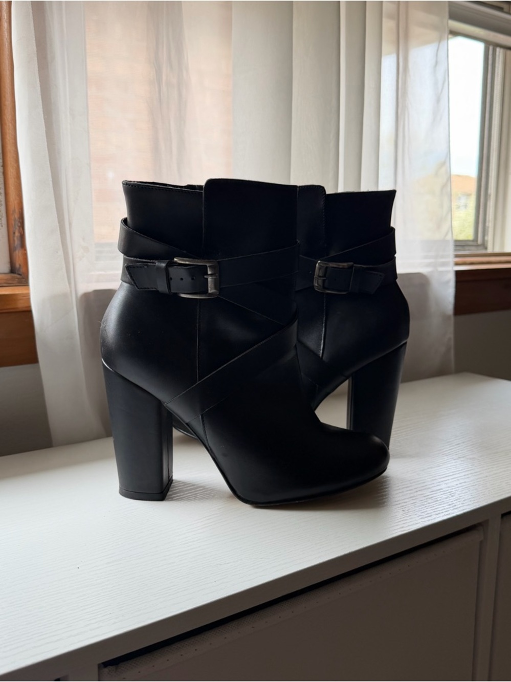 Women's Black High Block-Heel Ankle Boots with Buckle Strap